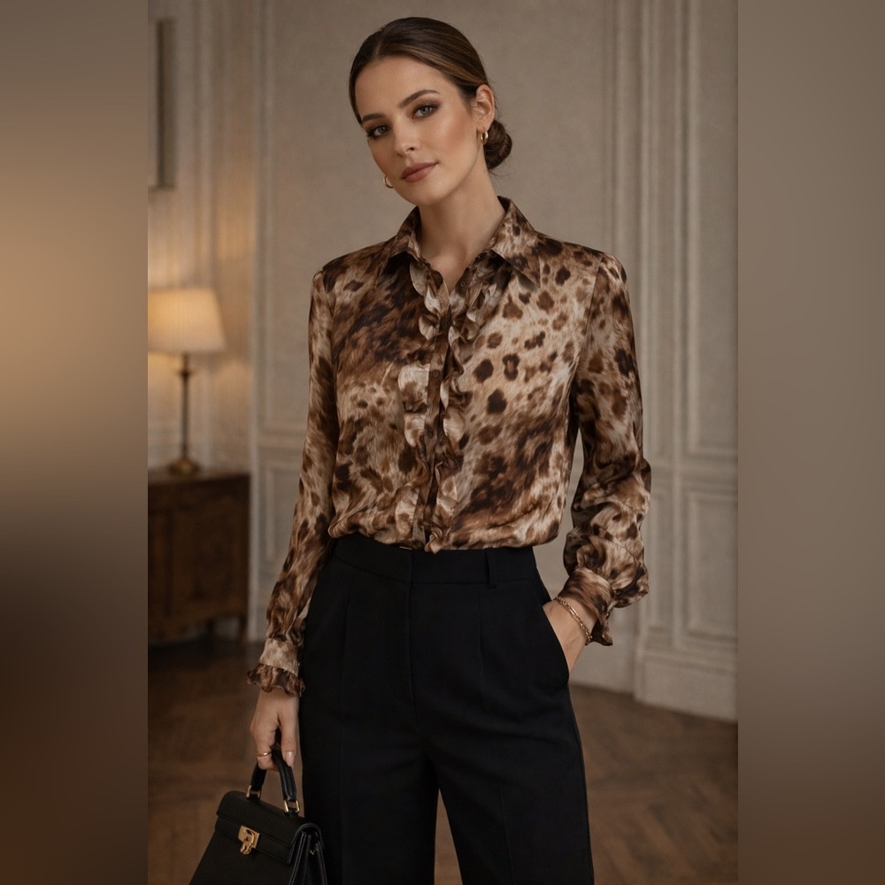 DANA BUCHMAN Women Sz 6 100% Silk Animal Prints Sleeves Button Down Shirt Blouse